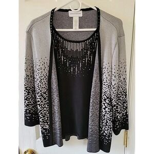 Alfred Dunner Sweater Top Sz XL Cardigan Black Metallic Silver Hombre 3/4 Sleeve